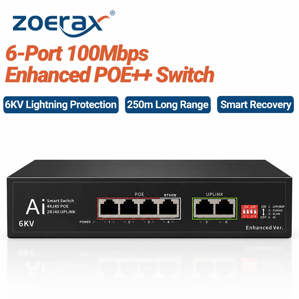 ZoeRax 6-Port 100Mbps PoE++ Network Switch 6KV Lightning Protection 60W Total Power, 250m Long Transmission Plug & Play for Home