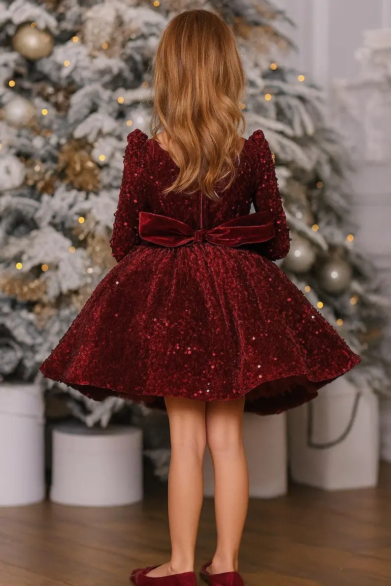 Burgundy Sequined Kids Party Dress - Elegant Christmas Outfit for Girls Flower Girl Dresses for Weddings