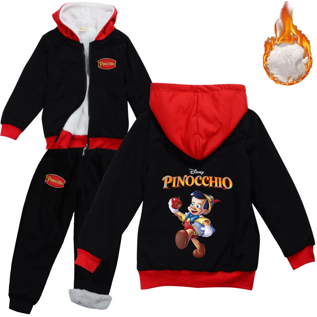 Disney Pinocchio Winter Clothes Children Thick Plush Warm Tracksuit Boys Girls Sweatshirts Pants Coats Baby Kids Clothing Sets