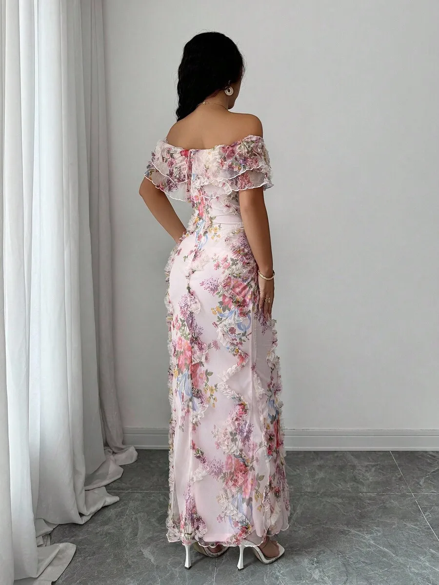 

Elegant Romantic Ruffle Off Shoulder Fitted Bodycon Dress With 3D Floral Mesh
