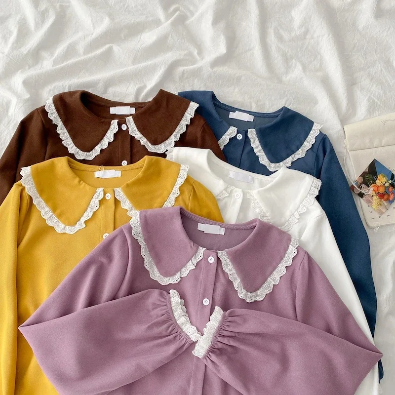 Camisas femininas design rendas retalhos doces cores moda high street botão-up manga longa peter pan colarinho blusas meninas