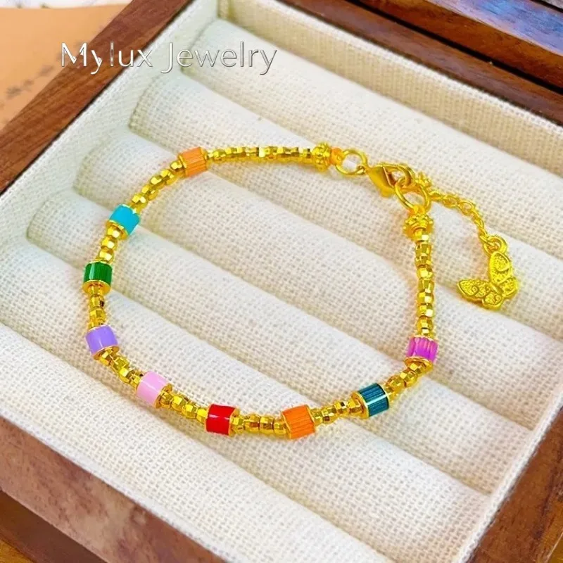 Mylux Jewelry New Chinese 9999 24K real gold burnt blue enamel Bundy Bead Rainbow bracelet diy female transfer bead bracelet gif