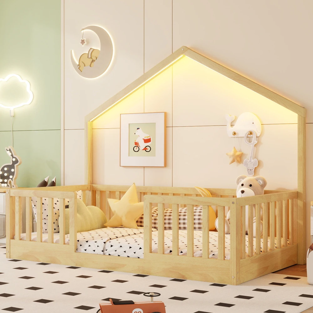 

Twin Floor Bed with High Rails, Wooden Montessori Bed with Light for Kids, Boys and Girls,Natural