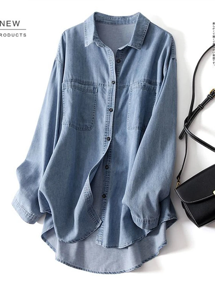 100% Cotton Women Denim Shirts Loose Vintage Designed Female Jeans Long Shirts Long Sleeve Blue Casual Streeetwear Tops