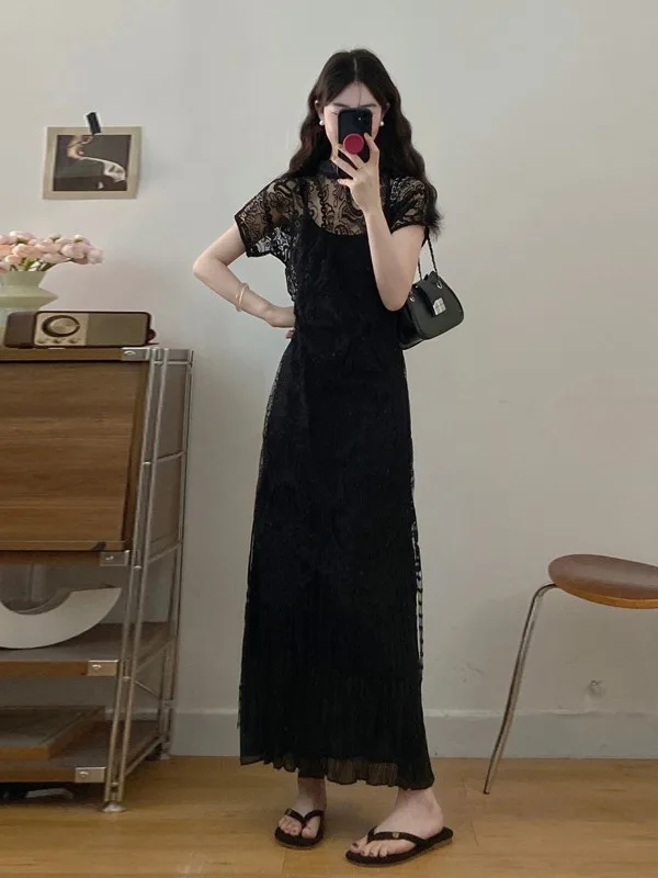 

plus Size Women's Elegant Lace Trim Halter Dress Summer New Style Layered Wear High Waist A-Line Skirt Set