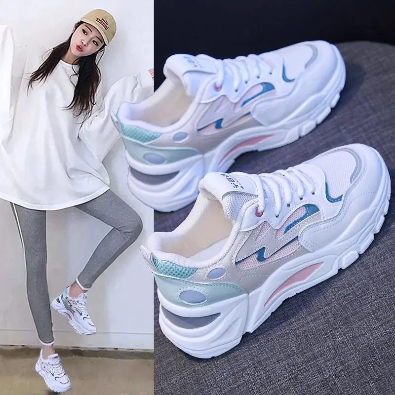 2023 Shoes Female Ins Spring New Net Shoes Breathable Stripes Hit Color White Sports Walking Flats Shoes for Women