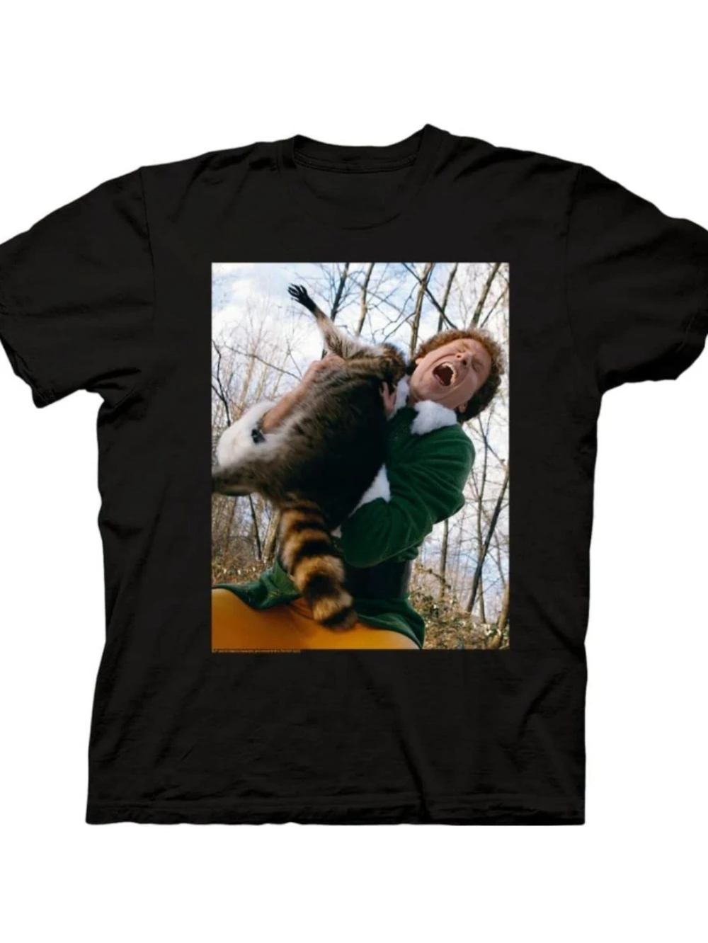 

Elf Boy Raccoon Pattern T-shirt, Fun Christmas Movie Design, Soft and Breathable Crew Neck Short Sleeve Unisex, All Seasons