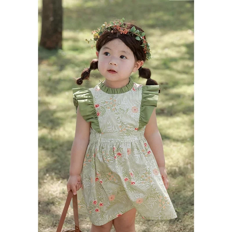 

Elegant Printed Floral Dress for Little Girls Kids Children Flying Sleeve Frocks Infants French Princess Clothes Summer Outfit