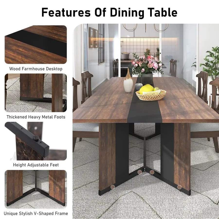 Dining Table for 6 People,Modern Brown Rectangular Kitchen Table W Waterproof Wood Tabletop,Farmhouse Long Dining Room Tables W