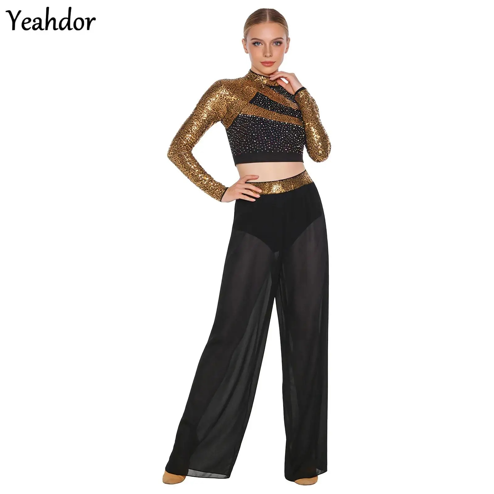 

Women Lyrical Dance Set Long Sleeve Sequin Crop Top with Side Split Sheer Mesh Chiffon Dance Pants Ballet Jazz Dance Costumes