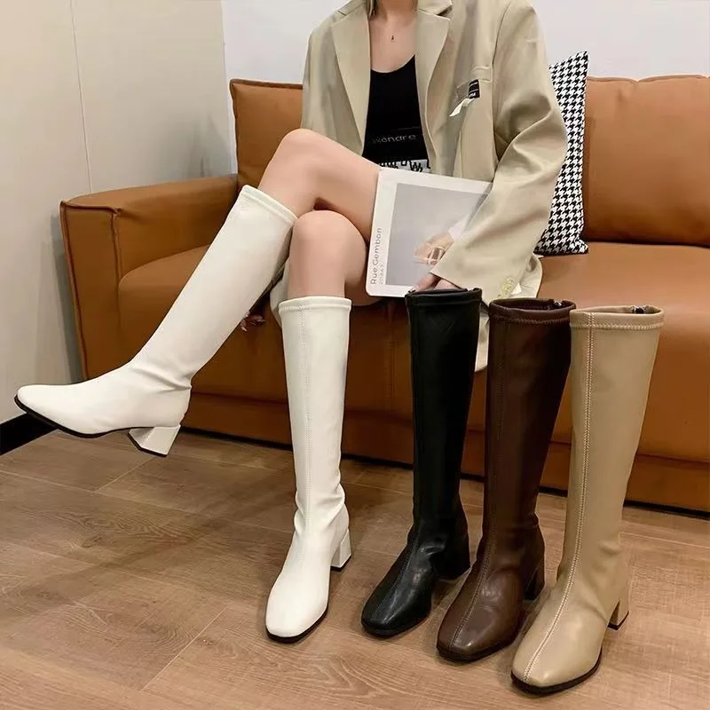 2024 Winter Women's Classic Casual Fashionable Boots Leather Knee High Mid Heel Brown Black Chic Elegant Boots Women's Shoes