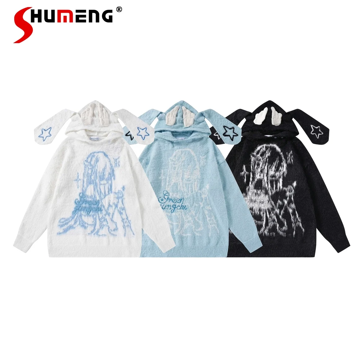 Original Sweet Two-Dimensional Rabbit Ear Wings Plush Sweater Woman Y2k Soft Cartoon Printed Long Sleeve Hooded Knitted Sweater