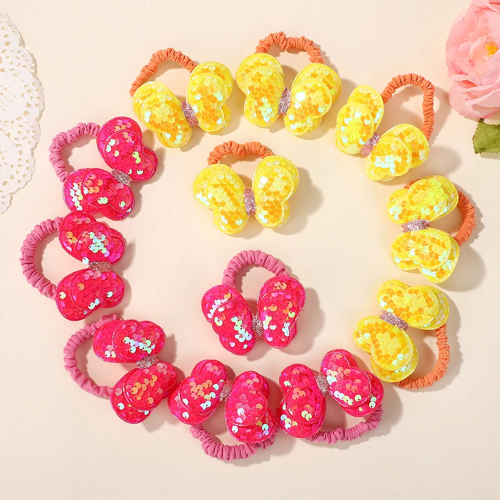 20 Stück zufällige Premium-Glitzer-Schleifen-Haargummis für Mädchen und Kinder, sanftes elastisches Haargummi, dünner Pferdeschwanzhalter, glitzerndes Haar-Accessoire