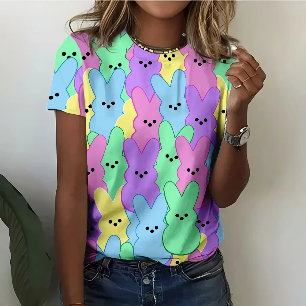 

Women's Playful Multi-color Cartoon Rabbit Printed T-shirt Casual Fashionable Comfortable Summer Round Neck Short Sleeve