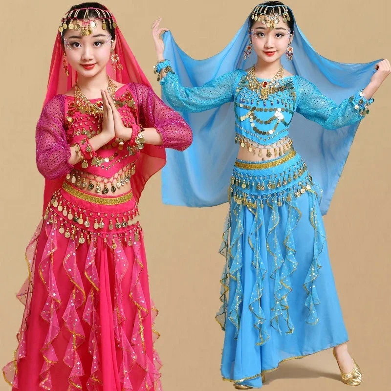 Tuta da spettacolo di danza del ventre per bambini tuta da spettacolo indiana set a maniche lunghe costume da ballo etnico da donna set di due pezzi