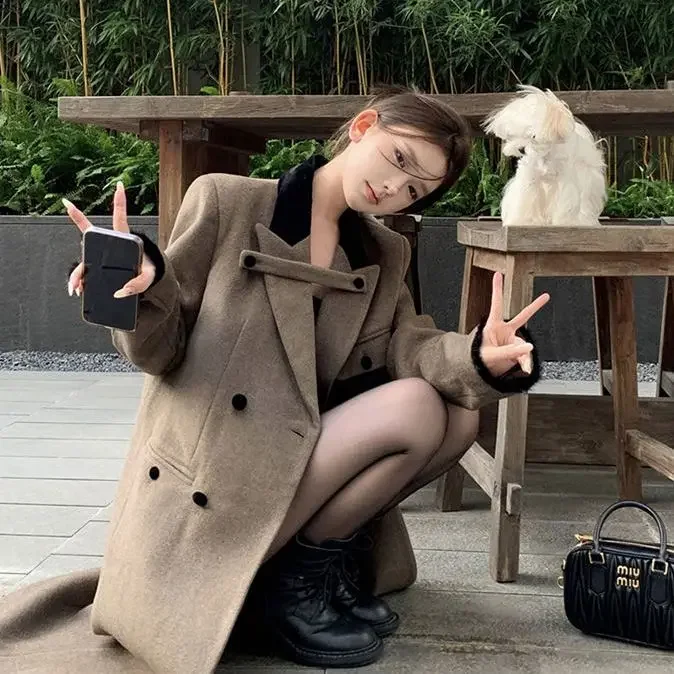 

Thickened Waist Design Slimming Woolen Coat for Women New Fashionable Korean Style Design Retro Long Style