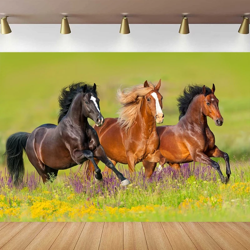 Horse Running Photography Backdrop Mountain Grassland Flowers Spring Landscape Background Western Cowboy Cowgirl Birthday Party