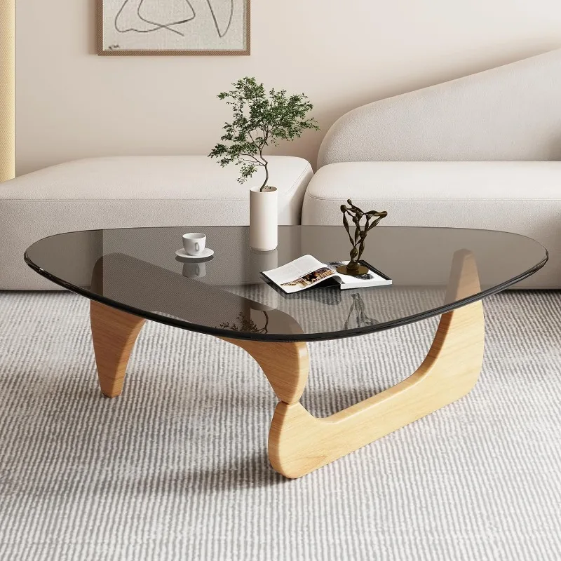 Coffee Tables for Living Room - Triangle Glass Coffee Table with Wooden Base Mid-Century Modern Abstract End Table