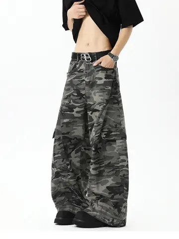 Amerikanska retro high street casual overaller kamouflage lösa vida benbyxor för kvinnor y2k hiphop cargo grunge baggy byxor 8 best sales camouflage baggy byxor - №5