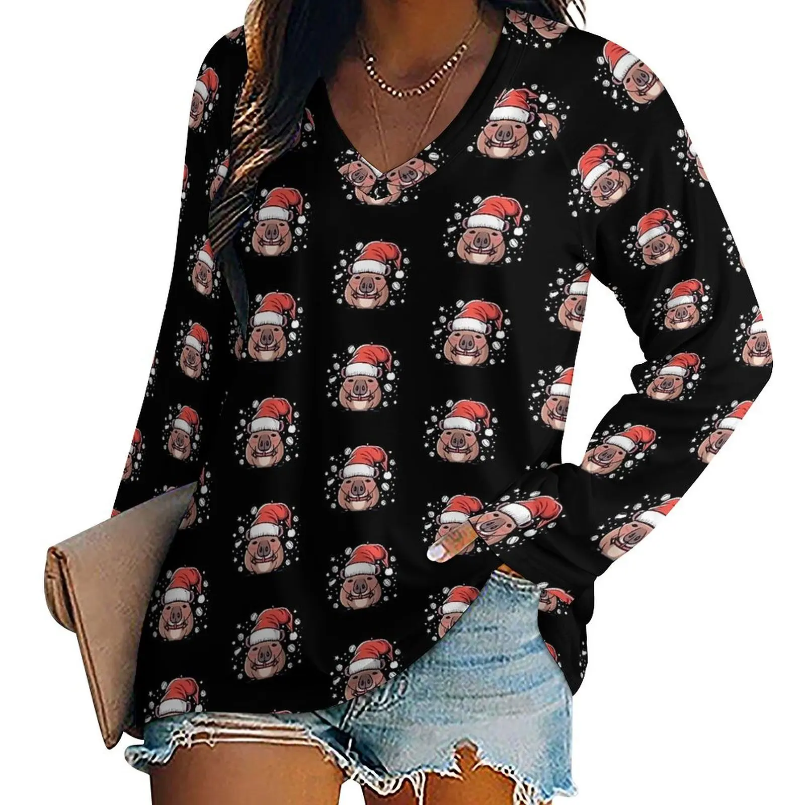 Capybara Christmas in A Santa Claus Hat T Shirt Kawaii Long Sleeve T Shirts Female V Neck Casual Tee Shirt Oversize Graphic Tees