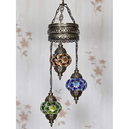 LaModaHome 35 + Unique Colors, 2020 Customizable Chandelier 3 Globes + Free 3 Bulbs, stunning Mosaic Turkish Lamp Moroccan Light