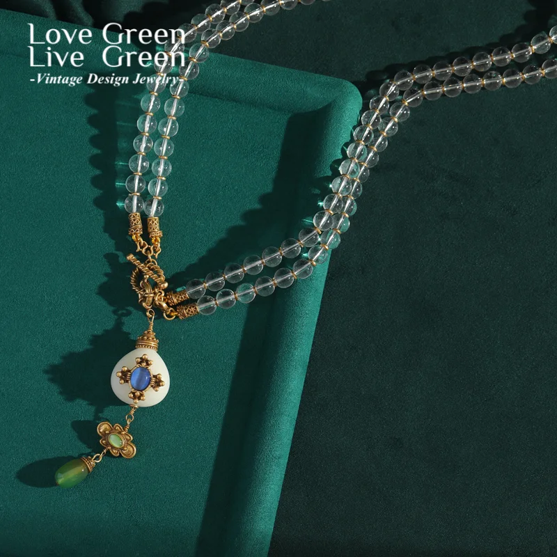 

Vintage Layered Beaded Clover Necklace 4 Leaf Bee Pendant Transparent Glass Natural Stone Antique Jewelry Accessories Women 2025