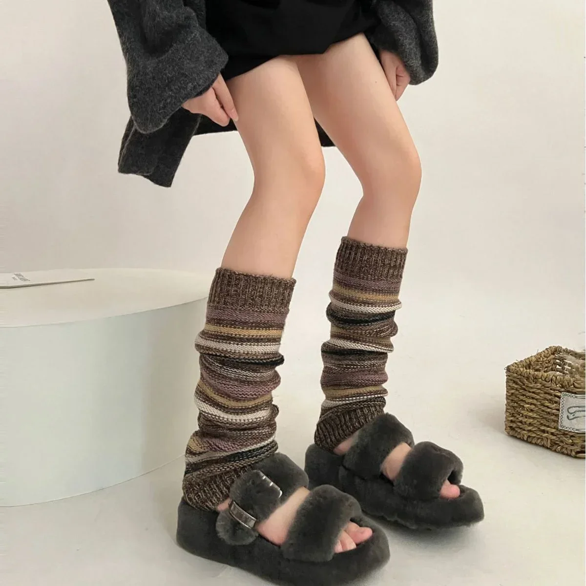 Women Autumn Winter Leg Warmers Warm Knitted Foot Cover Knee Socks JK Girl Lolita Striped Long Socks Stockings Women Leg Warmers