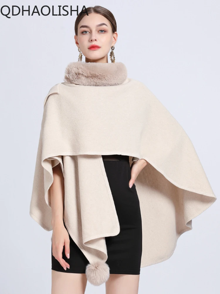 Women Fur Ponchos Coat Knit Cardigan Elegant Casual Fur Collar Shawl Cloak Woolen Coat Oversize Sleeveless Korean Fashion Capes