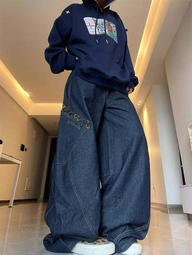Loose Wide Leg Denim Jeans Women's Leopard Print Deep Blue American High Street Retro Knife  Trendy INS Casual Straight L...