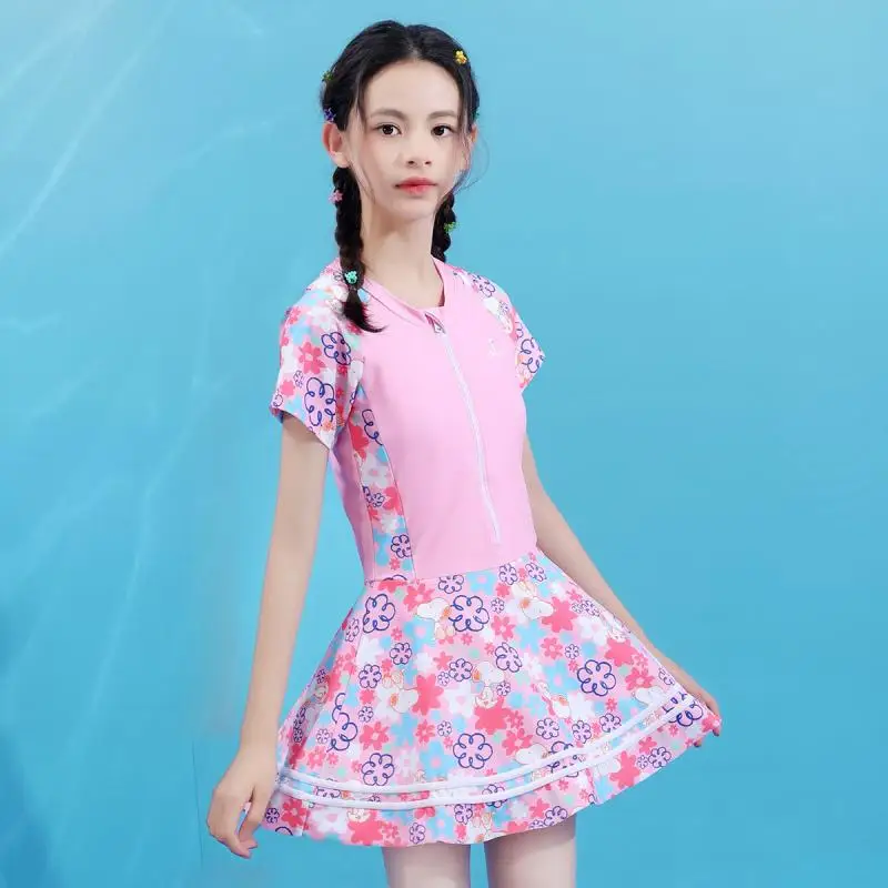 

Summer Snoopy Girls' One-Piece Swimming Skirt Cute Cartoon Pink Flower Polyester Fiber Swimsuit Children's Holiday Gifts