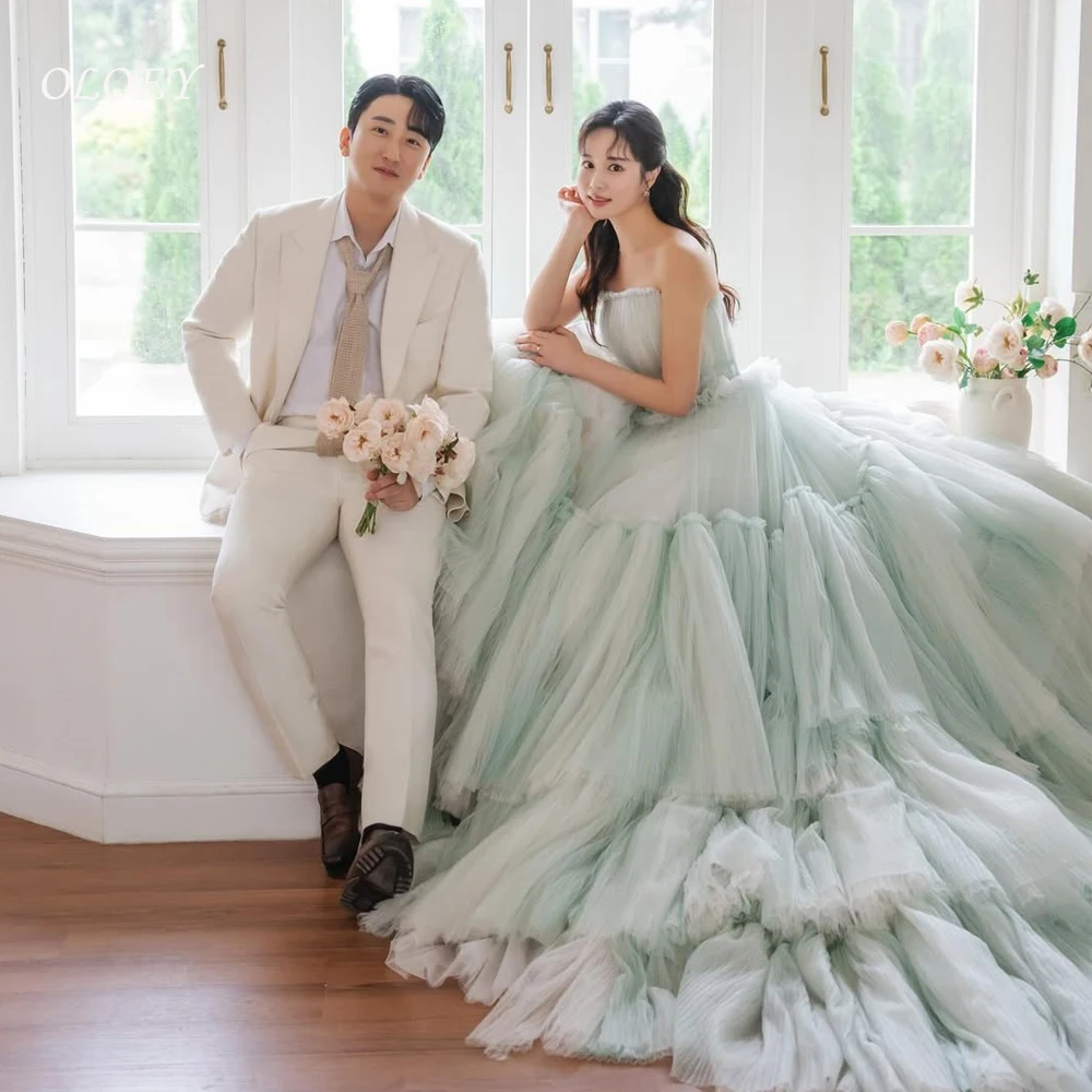 OLOEY-vestido de noche sin tirantes con cuello de corazón, sesión de fotos de boda coreana escalonada, vestido de graduación plisado de plumas personalizado