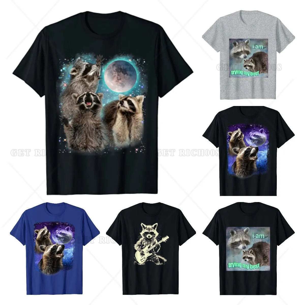 Funny 3 Racoon Moon Howling Raccoon Head Funny for Men Women Kid T-Shirt Casual Cotton Daily  Four Seasons Tees Tshirt