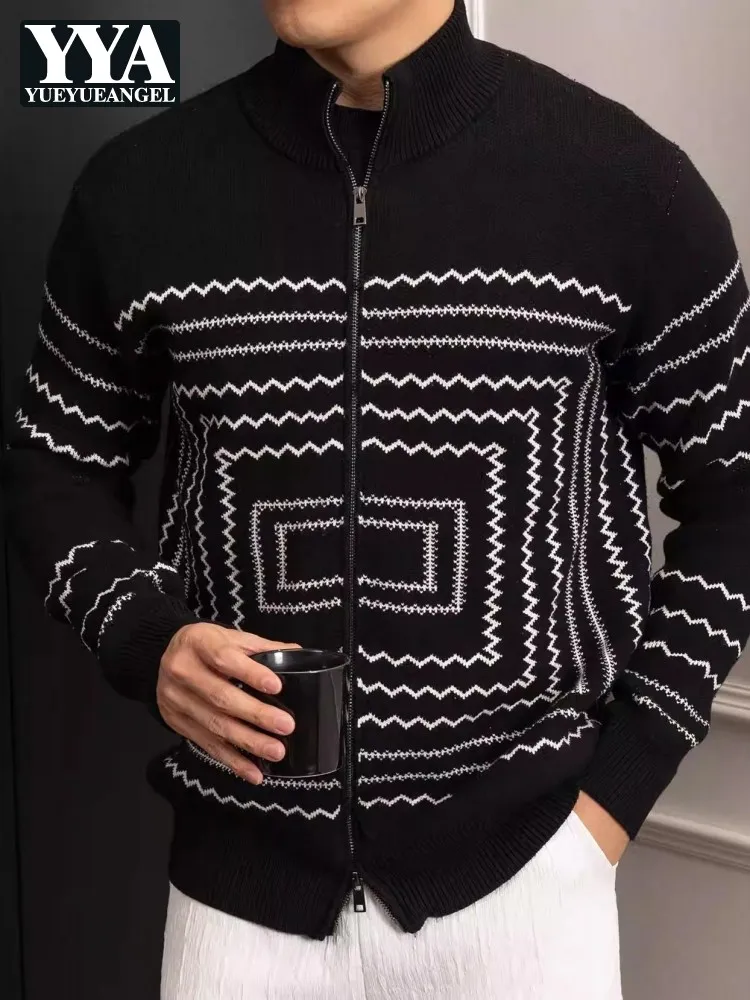 

Harajuku трикотажные топы мужские осенне-зимние вязаный кардиган с воротником-стойкой на молнии с длинным рукавом модный жаккардовый утепленный повседневный свитер