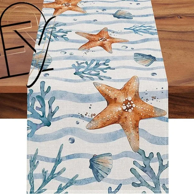 Linen Table Runner Navy Blue Pumpkin Print on Beige Autumn Table Decor Dining Table Kitchen