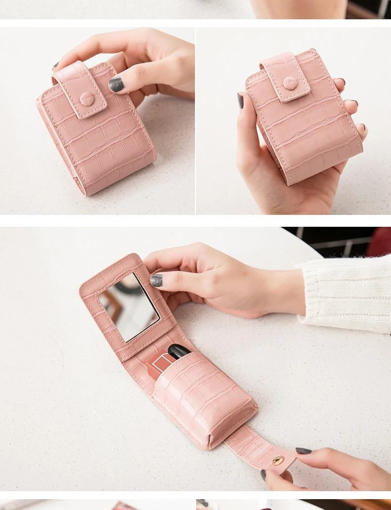Tragbare Mini-Lippenstift-Tasche mit Spiegel, minimalistische kleine Kosmetiktasche mit Knopf, Damen-Make-up-Aufbewahrungskoffer mit Krokodilprägung – Detail 16