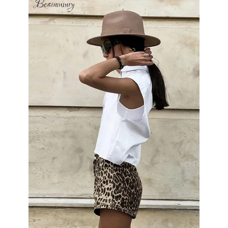 Retro Leopard Print Shorts for Women, Dropped Zippers, Pocket Button,Female Pants, Street Lady Outwear, Y2K Fashion, Spring and