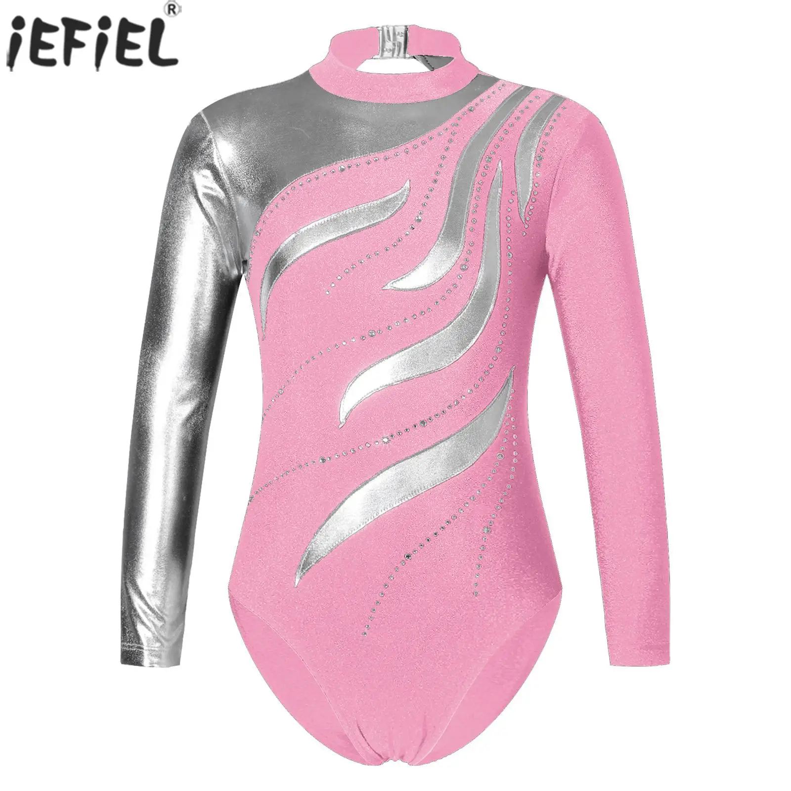 Kids Girls Ballet Dance Leotard Long Sleeve Shiny Rhinestone Gymnastics Dancewear Figure Skating Competition Performance Costume