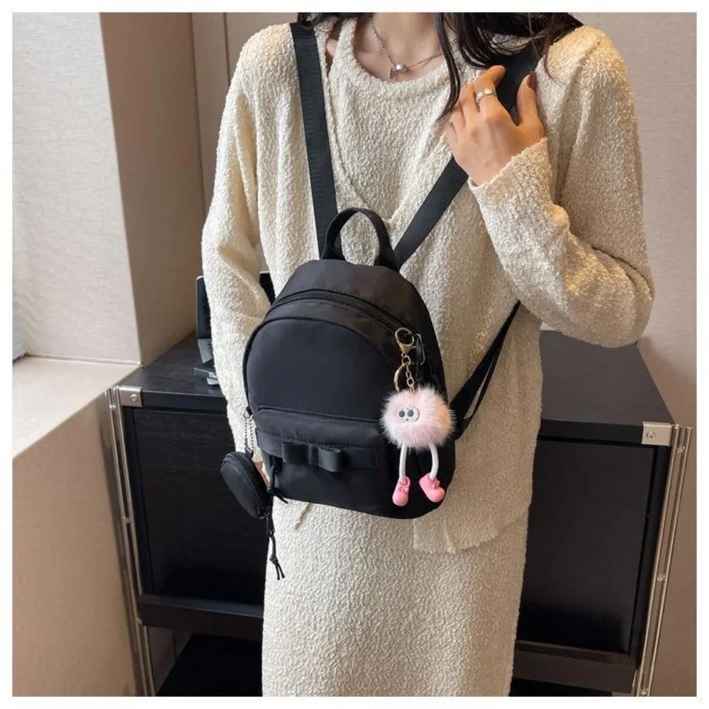 

Bow Mini Backpack Fashion with Headphone Bag Nylon School Bags Solid Color Zipper Women's Backpack Travel