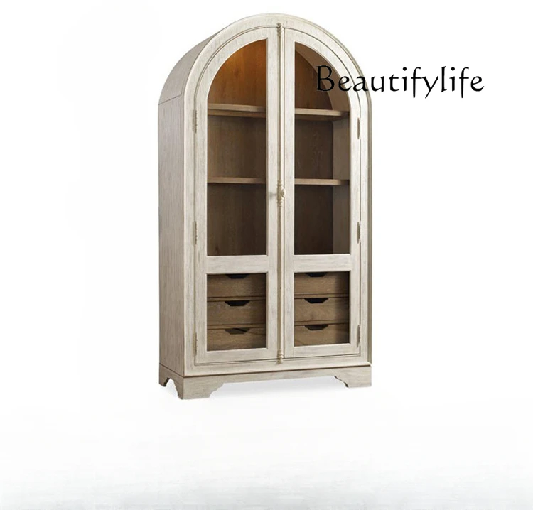 

American-Style Solid Wood Bookshelf and Storage Shelf Arch Cabinet White Simple and Light Luxury Floor with Glass Door