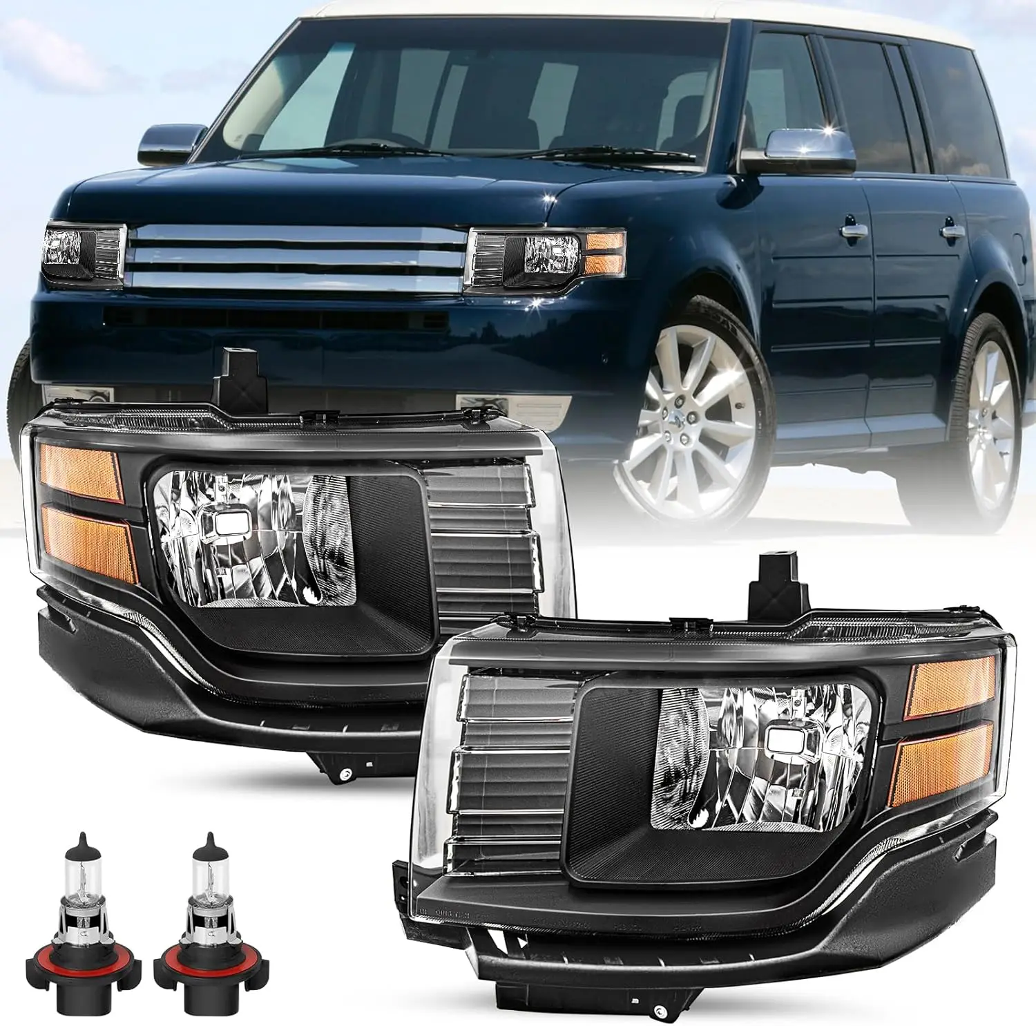 

Headlight Assembly Pair [Halogen Model] w/Bulbs Fit for 2009-2012 Ford Flex OE Style Headlamp Replacement (Black Housing with Am