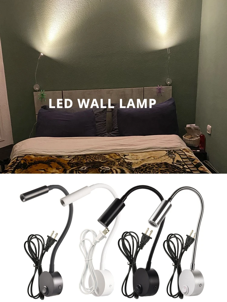 3W Wall Lamp Sconces Bedside Working Study Reading Book wall Night light fixtures Gooesneck Adjust Spot LED White Black Silver