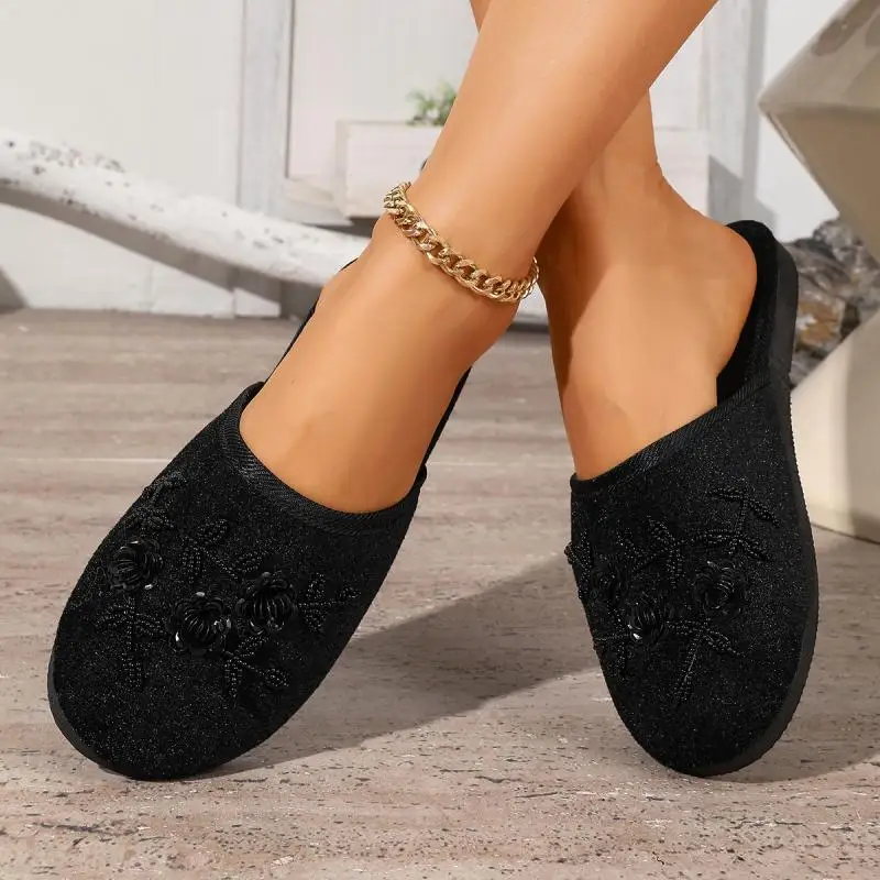 Bunte Pailletten-Blumen-Hausschuhe für Damen, Herbst, leichte, weiche Plüsch-Mules, warme Schlafzimmer-Slipper für Frauen – Detail 14