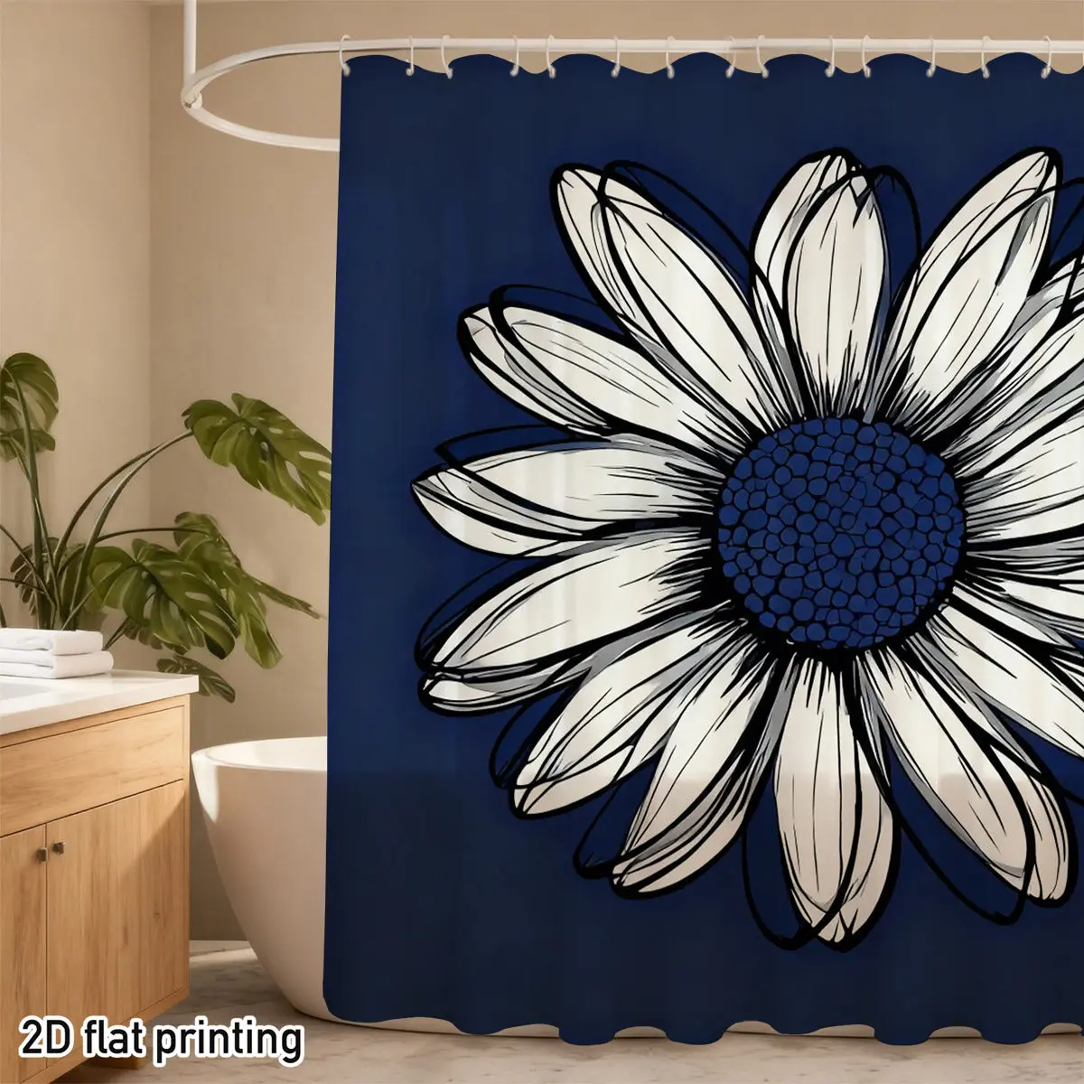Hand-Drawn Daisy Shower Curtain – White Petals, Black Outline & Blue Center on Navy, 2D Flat Print, Polyester, 12 Hook Holes,