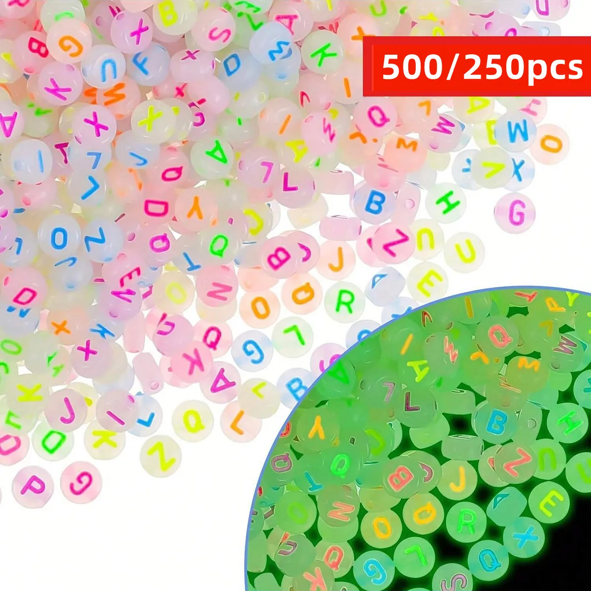 

500/250 шт. 4*7 мм светящиеся акриловые бусины, светящиеся в темноте, разноцветные круглые бусины-разделители с буквами «А-З» для изготовления ювелирных изделий своими руками