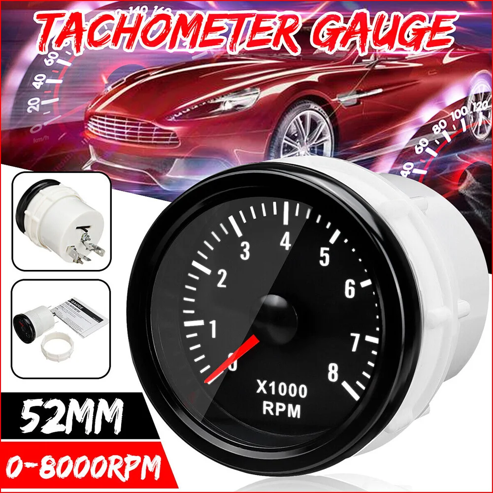 

For Petrol Motor Engine 2" 52MM 0-8000 RPM Tachometer White Backlight Tacho Meter Electrical Tachometer Gauge Rev Counter Meter