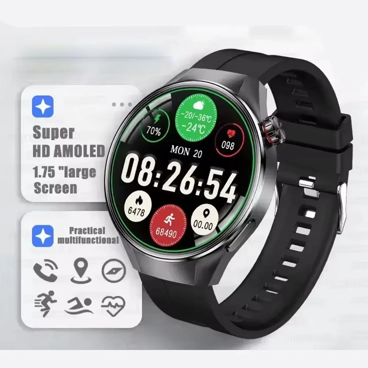 

Мужские спортивные умные часы с полным сенсорным экраном 466*466 AMOLED, IP67, водонепроницаемые, с компасом, возможности Bluetooth-вызовов