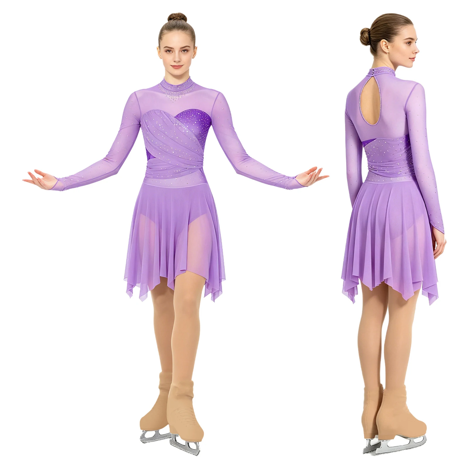 Womens Lyrical Figure Skating Dress Rhythmic Gymnastics Costume Shiny Rhinestones Long Sleeves Sheer Mesh Ballet Dance Leotard