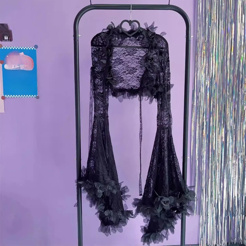 Europea American Gothic Sexy Sweet Cool Women's Dress Original Design Lace Flower Hollow Out Beaded Cardigan Coat Set Ladies