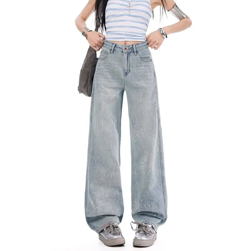

Women's hot stamping ultra soft yarn soft denim floor pants, spring and summer retro loose casual street wide leg pants