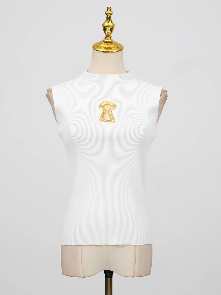 VGH อเมริกัน Casual Spliced Hollow Out สําหรับผู้หญิงยืนคอแขนกุด Slimming Minimalist Tank Top เสื้อผ้าหญิงใหม่